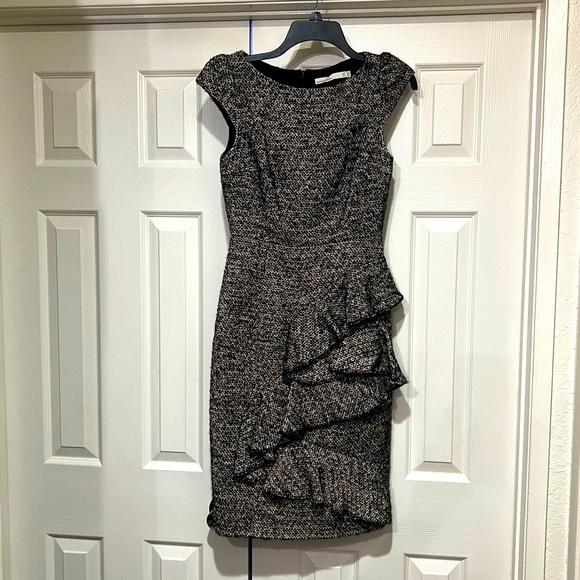 KAREN MILLEN BLACK TWEED WOOL RUFFLE SHEATH DRESS - Picture 1 of 16